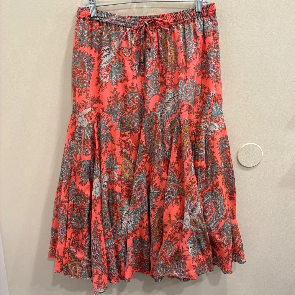VTG Y2K Mix Nouveau Coral Paisley Boho Fairy Pull-On Maxi Midi Skirt Godet Large